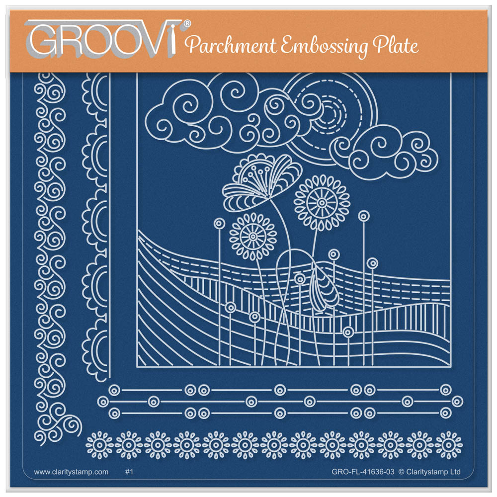 The Fields and Flowers A5 square acrylic Groovi plate by Claritystamp, showcasing laser-etched rolling hill lines, stylised doodle floral designs and four beautiful borders / frames