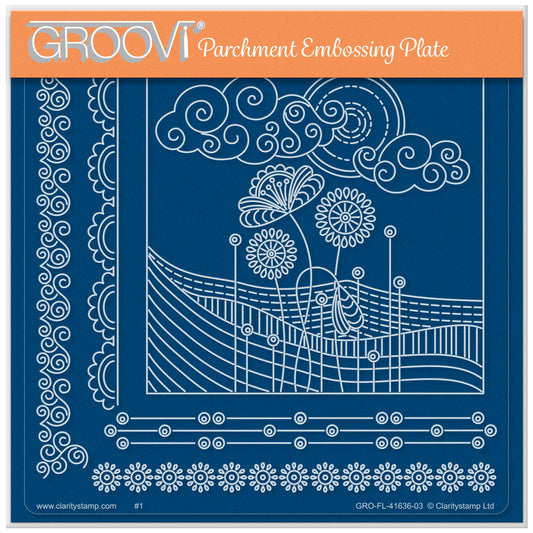 The Fields and Flowers A5 square acrylic Groovi plate by Claritystamp, showcasing laser-etched rolling hill lines, stylised doodle floral designs and four beautiful borders / frames