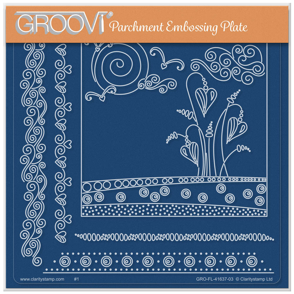 The Flowers in Spring A5 square acrylic Groovi plate by Claritystamp, featuring a central whimsical spring flower garden design surrounded by 4 patterned floral frames and borders.
