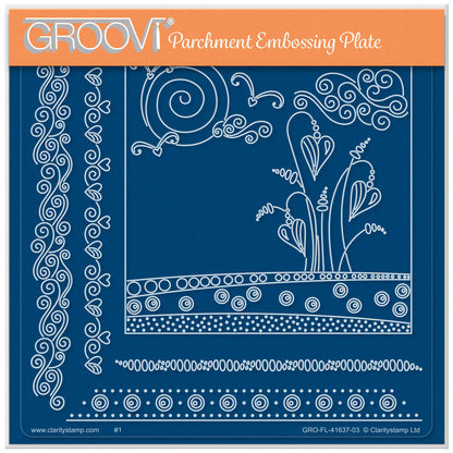 The Flowers in Spring A5 square acrylic Groovi plate by Claritystamp, featuring a central whimsical spring flower garden design surrounded by 4 patterned floral frames and borders.