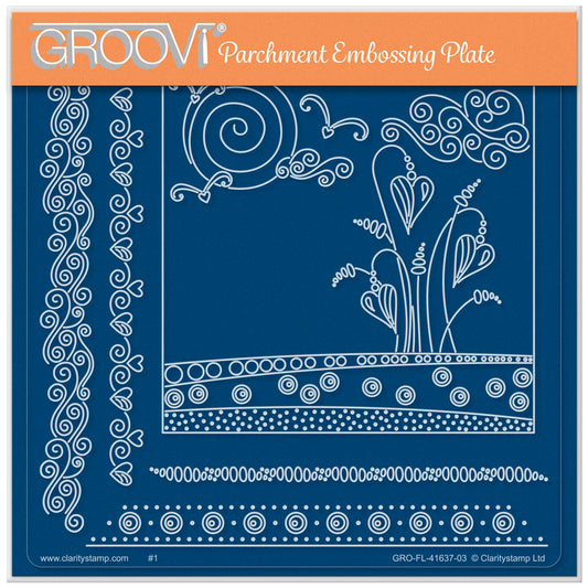 The Flowers in Spring A5 square acrylic Groovi plate by Claritystamp, featuring a central whimsical spring flower garden design surrounded by 4 patterned floral frames and borders.