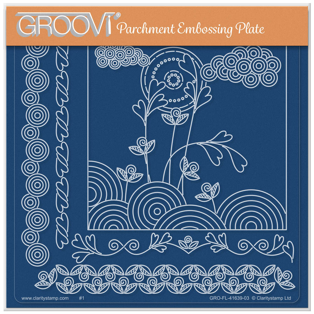 The Sunrise Flowers A5 square acrylic Groovi plate by Claritystamp, featuring a crisp rising sun, clouds, and 4 geometric patterned borders.