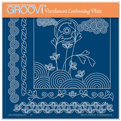 The Sunrise Flowers A5 square acrylic Groovi plate by Claritystamp, featuring a crisp rising sun, clouds, and 4 geometric patterned borders.