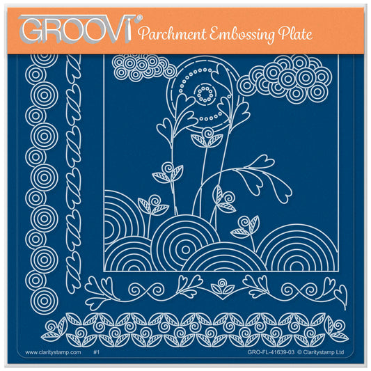 The Sunrise Flowers A5 square acrylic Groovi plate by Claritystamp, featuring a crisp rising sun, clouds, and 4 geometric patterned borders.