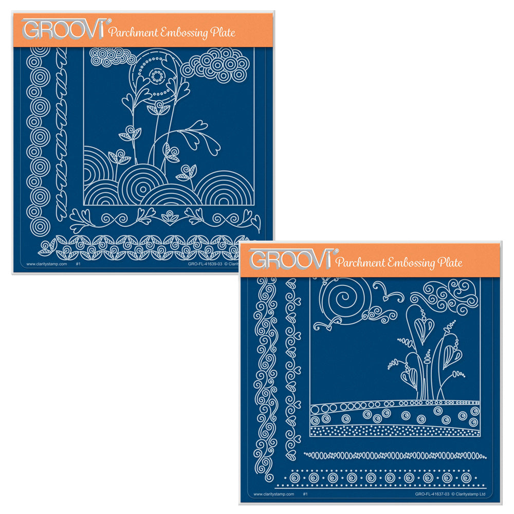 The Flowers in Spring and Sunrise Flowers A5 square acrylic Groovi plate duo by Claritystamp, showing both plates featuring whimsical spring floral frames, borders, sun centrepieces, and detailed field lines.