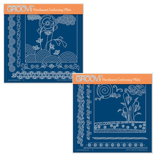 The Flowers in Spring and Sunrise Flowers A5 square acrylic Groovi plate duo by Claritystamp, showing both plates featuring whimsical spring floral frames, borders, sun centrepieces, and detailed field lines.