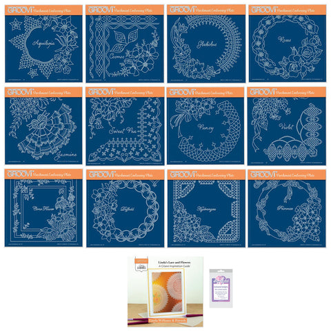 Linda's Flowers & Lace Complete Collection A5 Square Groovi Plate Set, ii Book & Perga-Crystals