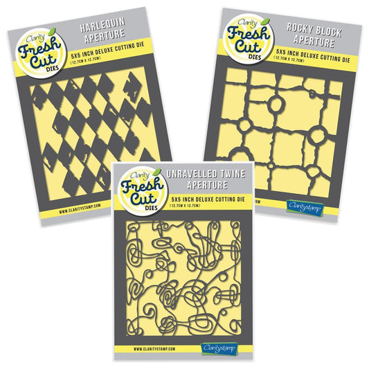 Harlequin, Rocky Block & Unravelled Twine Aperture Trio Clarity Fresh Cut Dies
