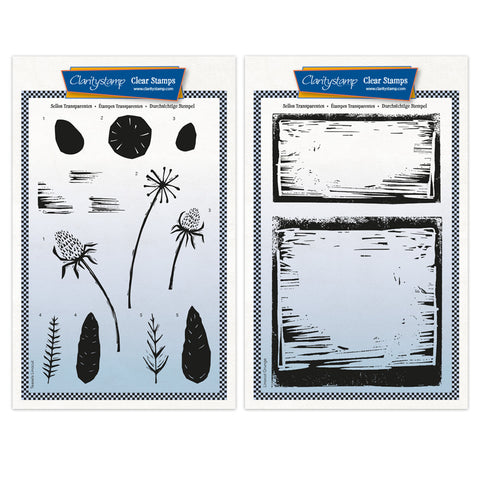 Barbara's Linocut - Teasels & Grunge Backdrop A5 Stamp Duo