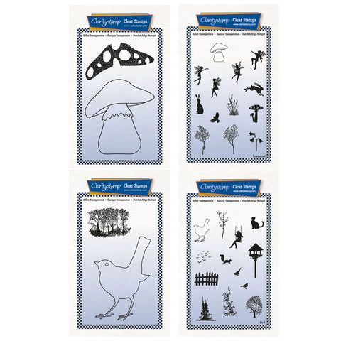 Toadstool Outline, Bird Outline & Miniatures A6 Stamp & Mask Quartet