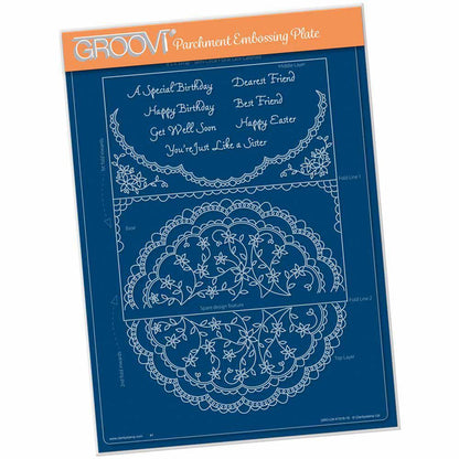 Linda's It's a Wrap! Part 1 - Semi Circle Flourish Lace Gatefold A4 Groovi Plate